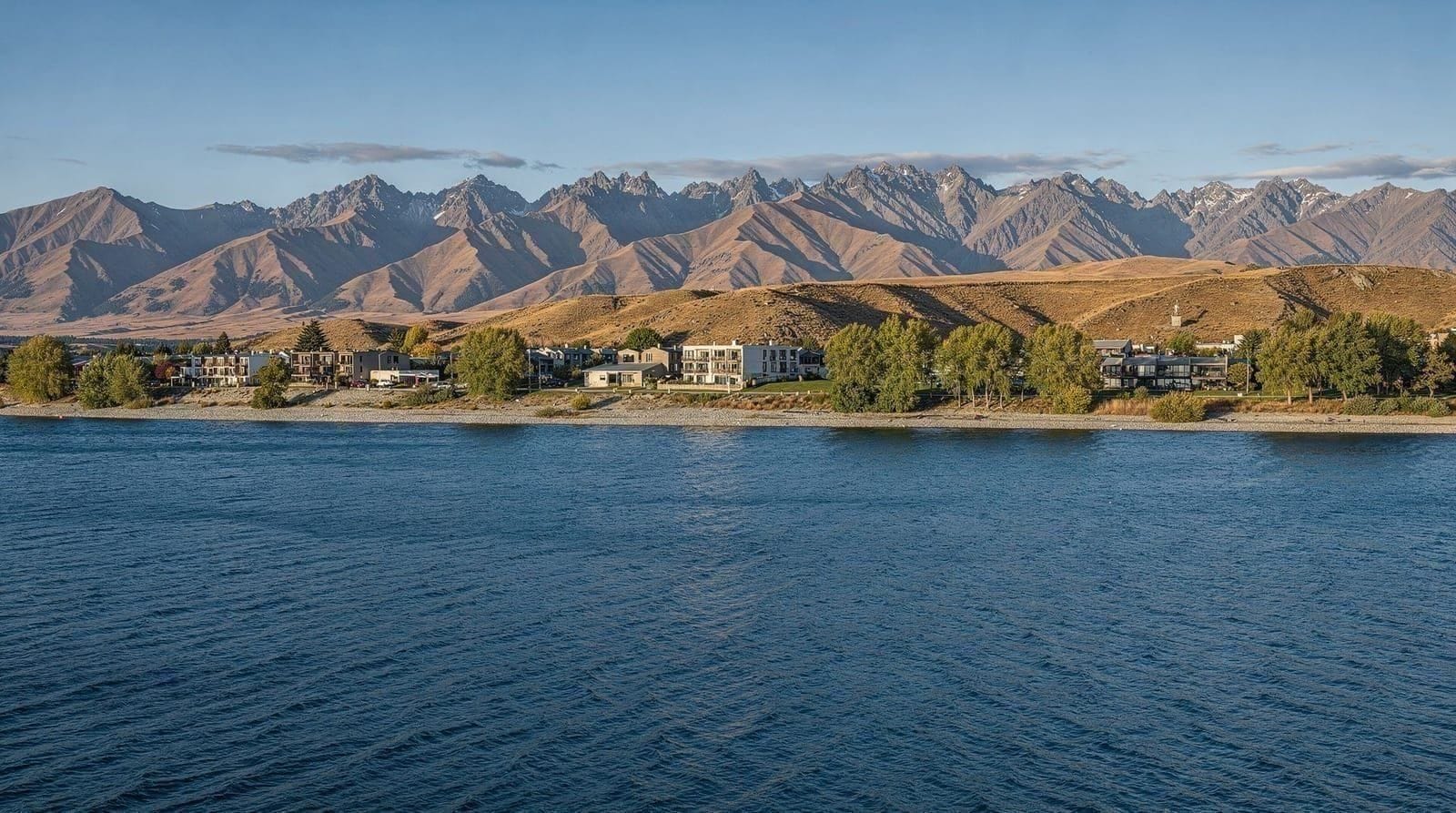 O lago Wakatipu e os Remarkables ao entardecer, vistos da marginal de Queenstown.